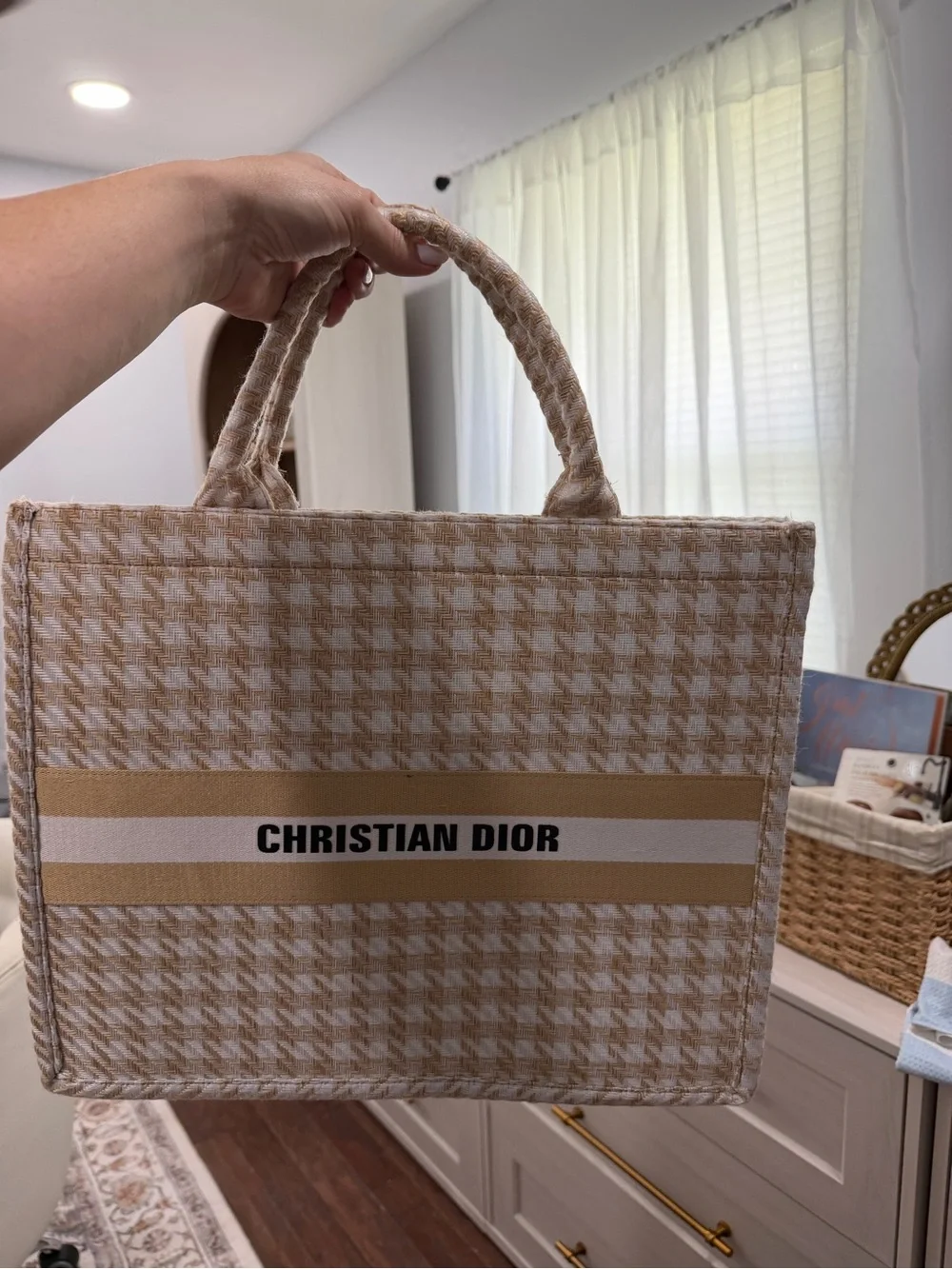 Dior Beige and White Houndstooth Canvas Messenger Tote